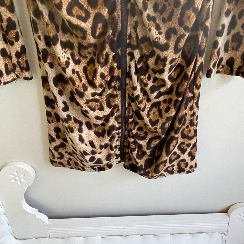 BROWN BLACK CREAM LEOPARD PRINT LOMG SLEEVE DRESS EXPOSED ZIPPER FRONT CLOSURE - Picture 5 of 9